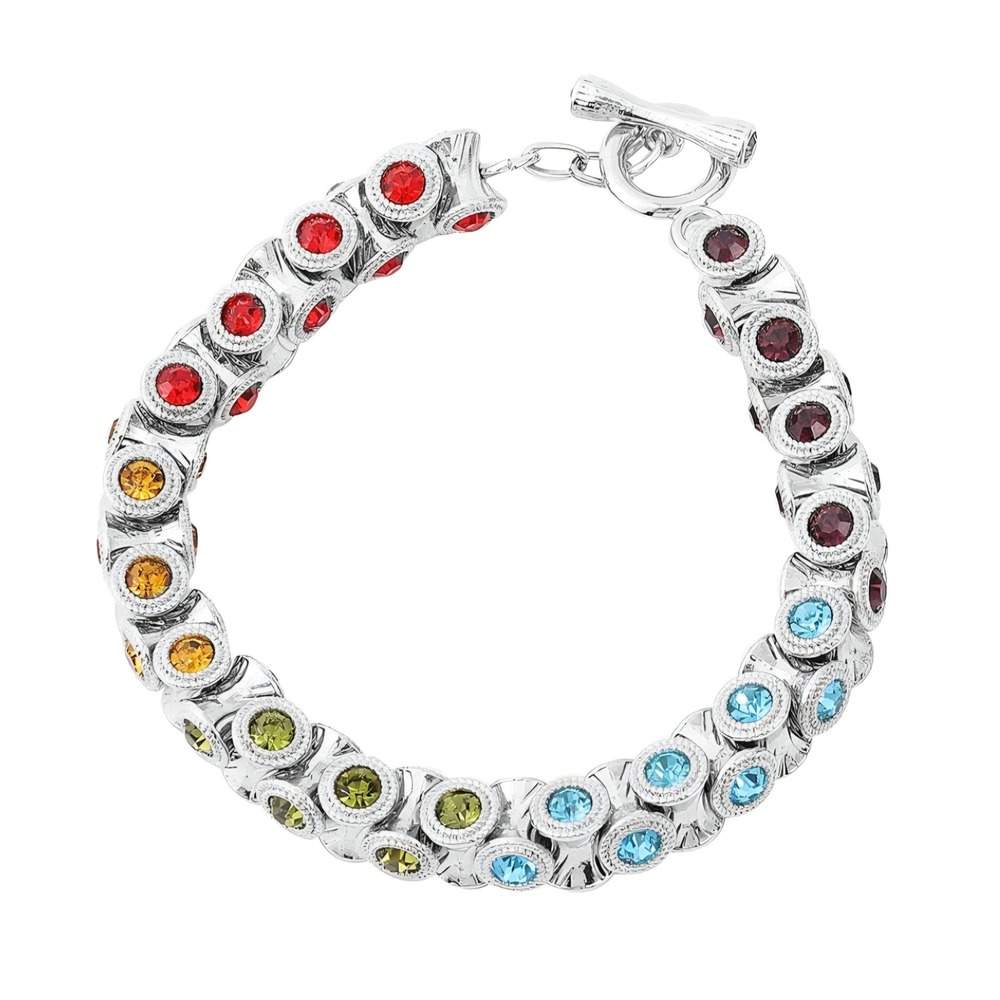 Austrian Crystal Silvertone Tennis Bracelet Multi‎ Color Toggle Clasp 8 Inch